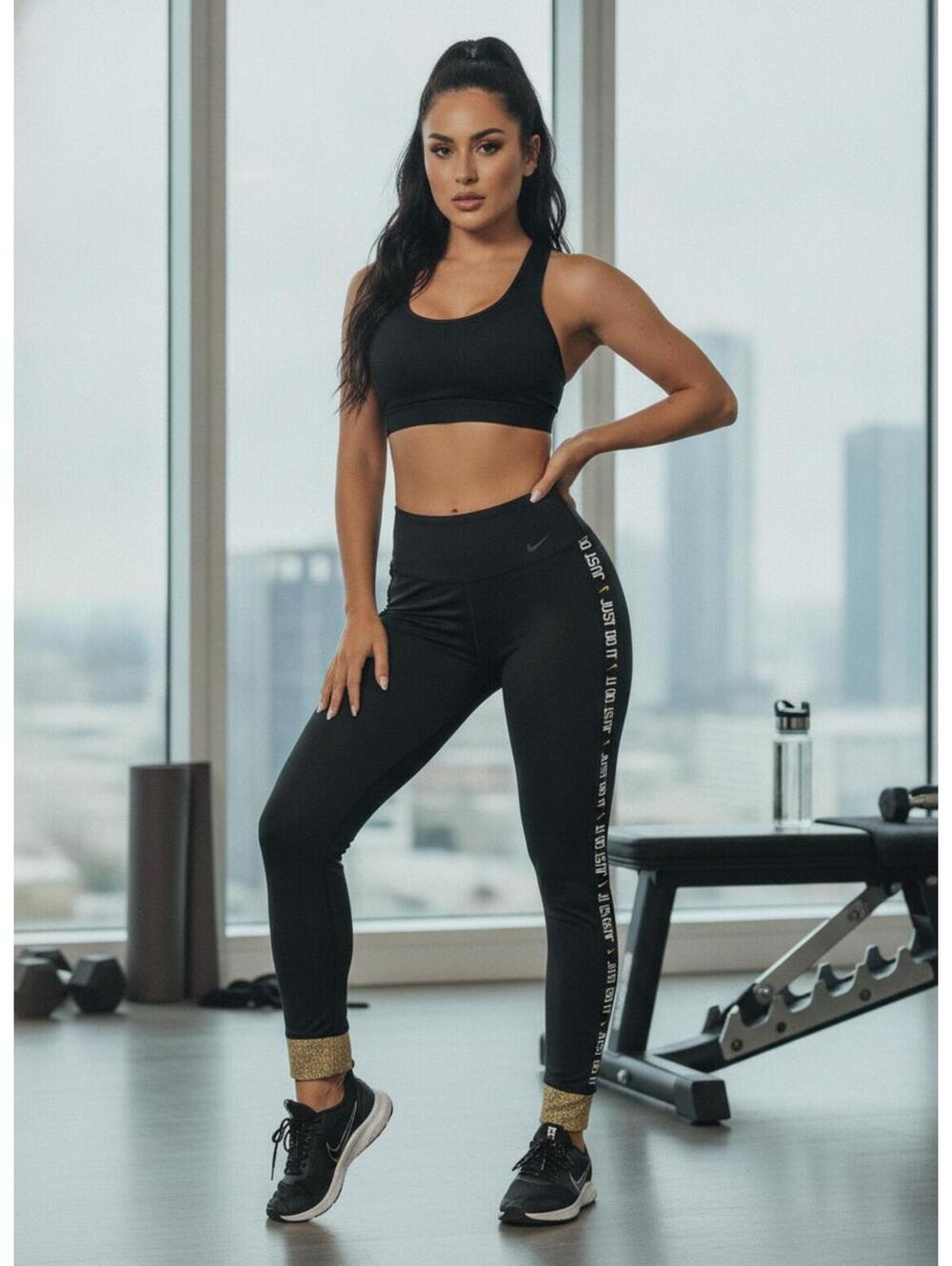 Nike Dri-FIT Women's Black High-Waist Leggings Gold Cuff M